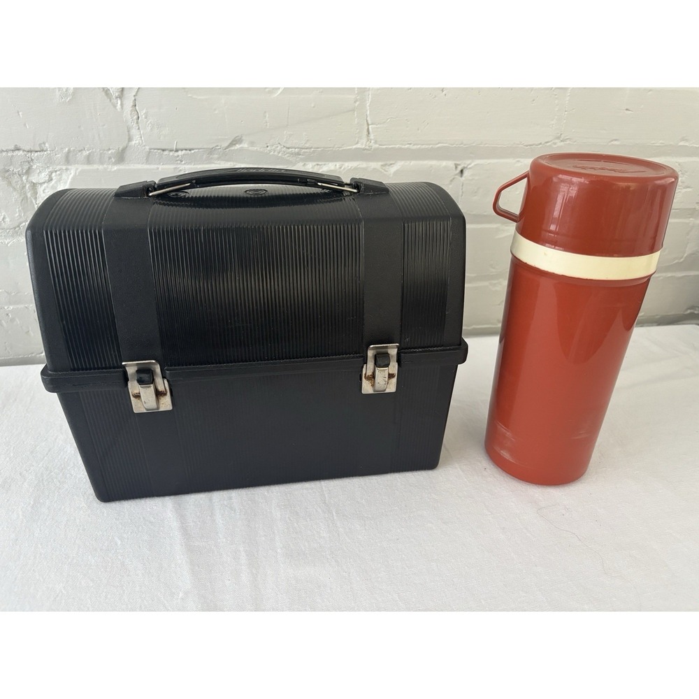 VTG Aladdin Rectangle Top Black Plastic Lunch Box w/ Thermos Worker
